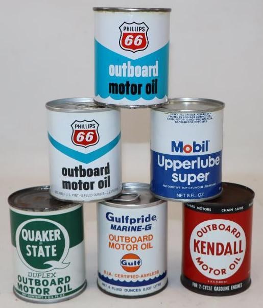 Group of 6 Kendall, Phillips 66, Gulf, & Quaker State Outboard Oil Cans (1 of 2)