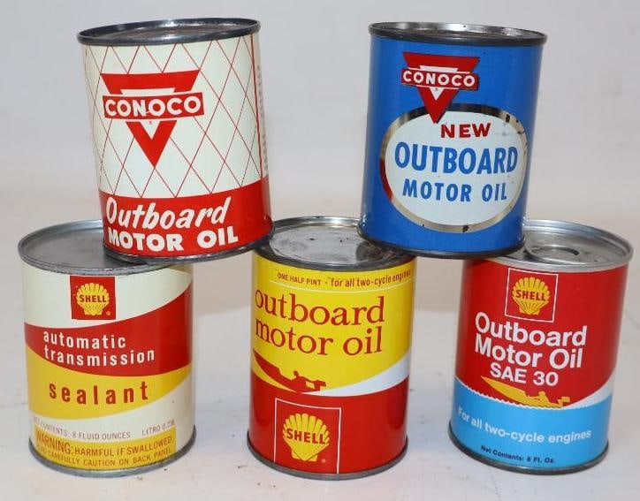 Group of 5 Conoco & Shell Outboard Oil Cans (1 of 2)