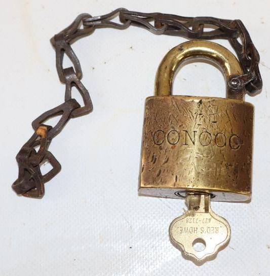 Conoco Engraved Brass Advertising Lock with Key: 2" x 3" x 1"