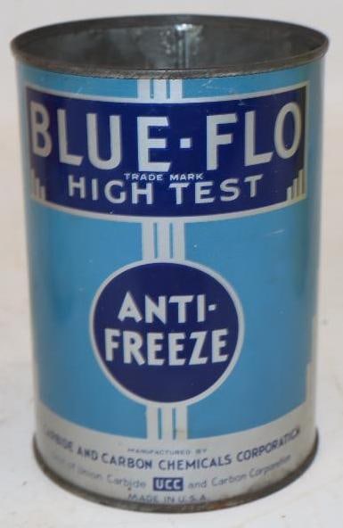 Blue-Flo Hightest Antifreeze Metal Oil Can: 32 oz empty, missing top lid