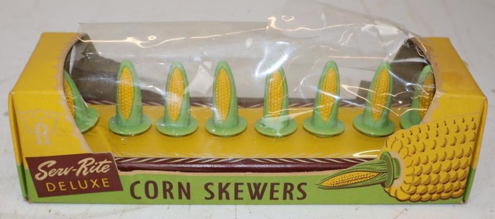 Serv-Rite Deluxe Corn Skewers in Original Packaging: Plastic has cracks. Is made by the Royal Pacific Company. 9" x 2.5" x 2.5"