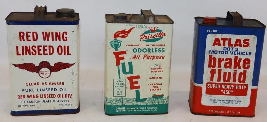 Group of 3 Atlas, Red Wing, & Priscilla 1 Gallon Advertising Oil Cans (1 of 4)