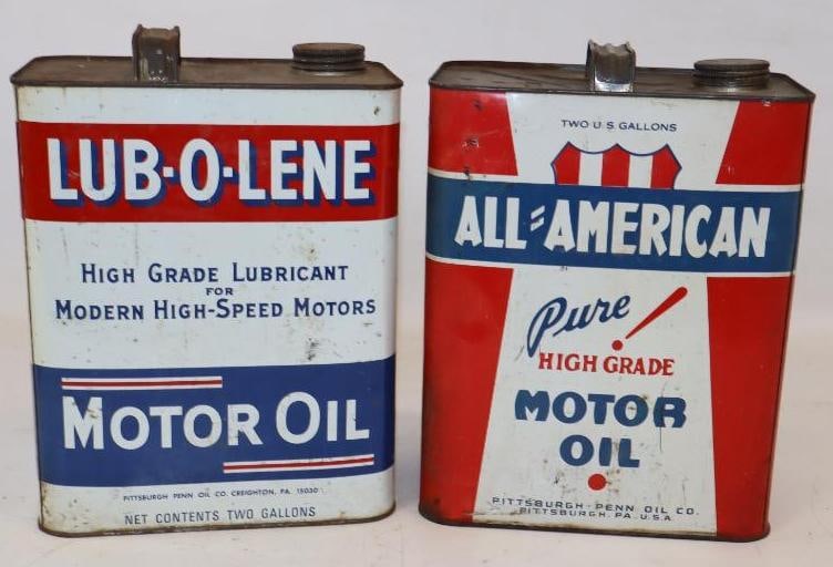 Group of 2 All-American & Lub-o-lene 2 Gallon Oil Cans: 8.5" x 5.5" x 11.25" each