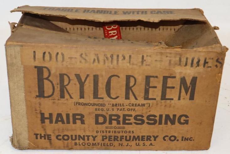 Bryl Cream Hair Dressing Shipping Box with 54 Sample Giveaway Tubes: Box measures 6" x 6.5" x 11"