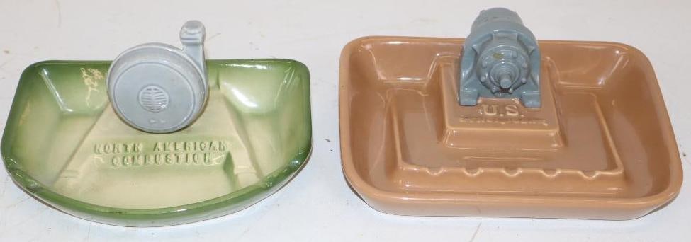 Group of 2 North American Combustion and US "Syncrogear" Ceramic Motor Shaped Ash Trays: Largest is 7.75" x 6.5" x 3"