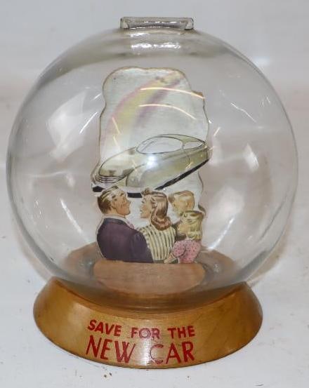 Glass "Save for the New Car" "See Your Savings Swell" Coin Bank with Money Meter (1 of 5)