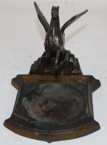 Brass Pegasus Shaped Mobil Shield Shaped Recognition Ash Tray: Has a wing repair. 6" x 7" x 5.5"