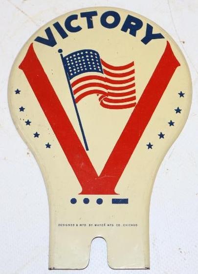 WWII Victory Tin Litho License Plate Topper: 4" x 6", is marked Mayer Mfg Co