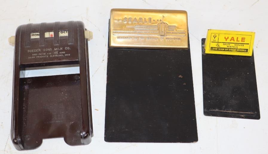 Searle, Yale, and Soeder Son's Milk Advertising Clip Boards, and Desktop Calendar: Largest is 4.5" x 8" x 1"
