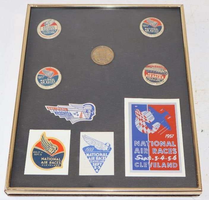 Group of 9 1930's Cleveland Air Races Framed Pin Back Badges, Decals, and Token: 9" x 11"