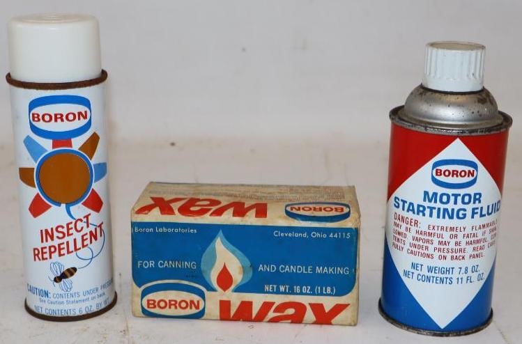 Group of 3 Boron Motor Starting Fluid, Wax, & Insect Repellent Advertising Petroleum Products (1 of 2)