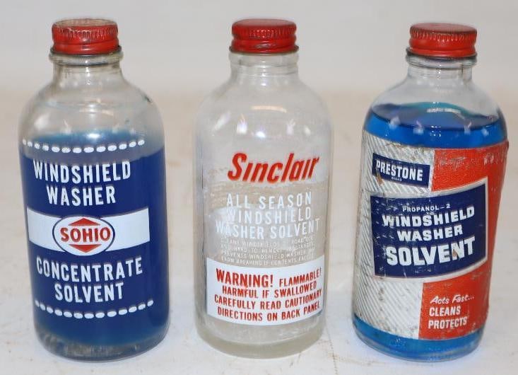Group of 3 Sinclair, Prestone, & Sohio Windshield Washer Solvent Glass Bottles (1 of 2)