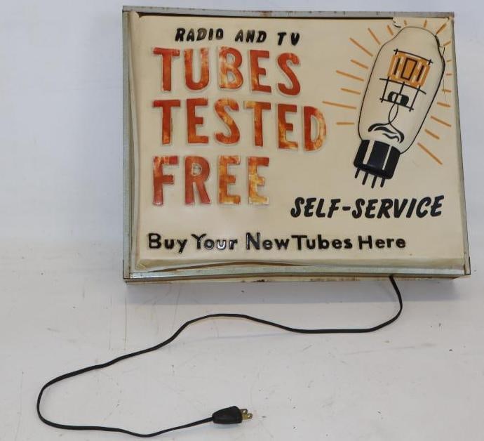 Radio and TV Tubes Tested Free Embossed Single Sided Light Up Advertising Sign (1 of 4)