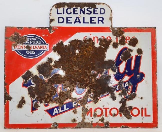 Waverly All Pennsylvania Licensed Dealer Motor Oil Double Sided Porcelain Advertising Sign: Sign has very heavy wear to the field and edges. 24" x 20"