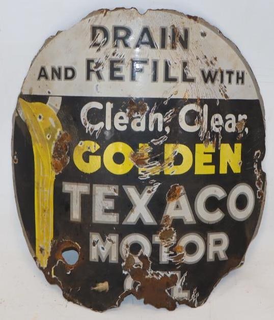 Drain & Refill with Clean, Clear Golden Texaco Motor oil Curved Porcelain Gas Pump Advertising Sign (1 of 4)