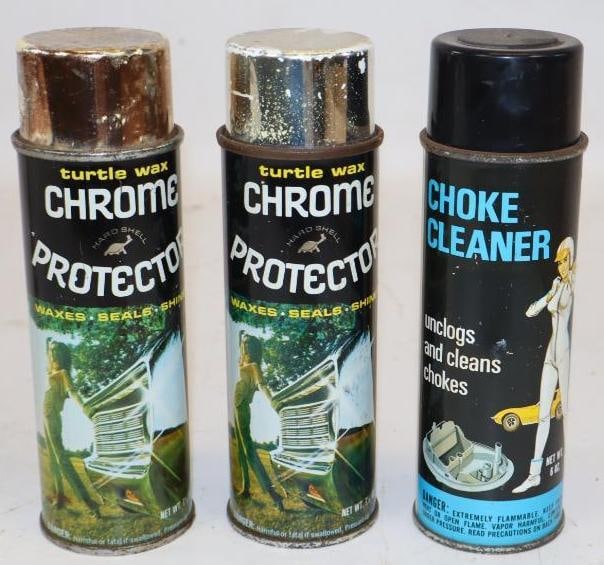 Group of 3 Chrome Protector, and Choke Cleaner Graphic Advertising Cans: Largest is 7.5 oz
