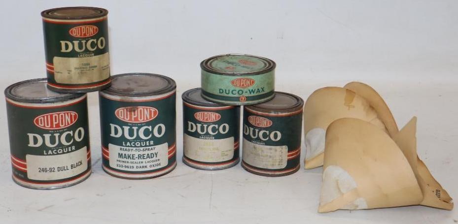 Group of 10 Du Pont Duco Lacquer, Wax, and Advertising Paper Filters, Cans, and Funnels: Largest is 32 oz can