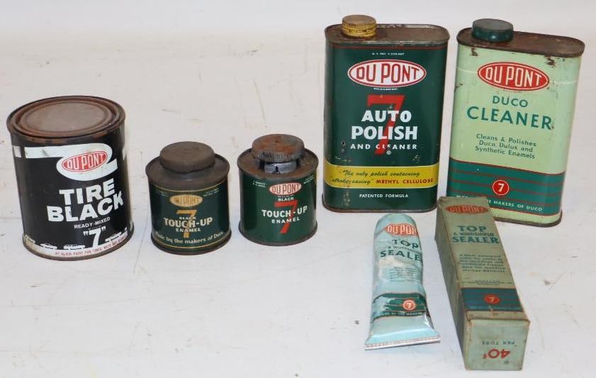 Group of 7 Du Pont Duco and "7" Polishes, Cleaners, and Paint Advertising Cans: Largest is 16oz.
