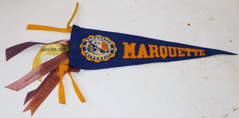 Marquette University Advertising Felt Pennant with Six St. Ignatius High School Ribbons Attached to: 5.5" x 16"