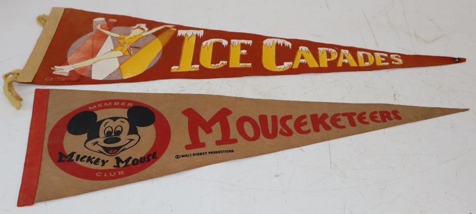 Group of 2 Walt Disney Mickey Mouse Club and Ice Capades Advertising Souvenir Pennants (1 of 2)
