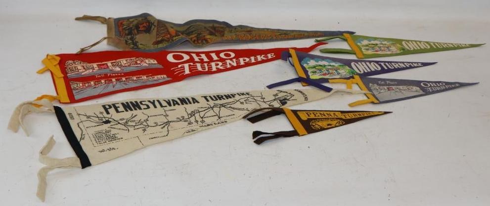 Group of 7 Different Ohio, Pennsylvania, and Oklahoma Turnpike Advertising Pennants: largest 8.5" x 27"