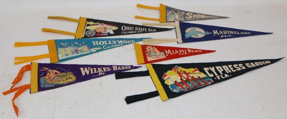 Group of 6 Felt Advertising Souvenir Destination Pennants: largest 4" x 10.5"