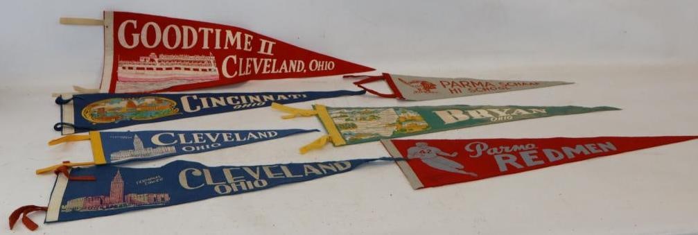 Group of 7 Different Cleveland Area Felt Souvenir and High School Pennants: largest 8.5" x 26"