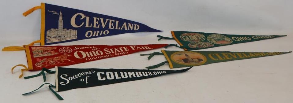 Group of 5 Cleveland, Columbus, and Ohio Caverns Felt Advertising Souvenir Pennants: largest 12" x 29"