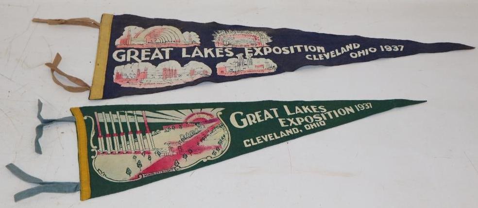 Group of 2 Different Cleveland Great Lakes 1937 Exposition Felt Advertising Pennants: largest 10.5" x 28"