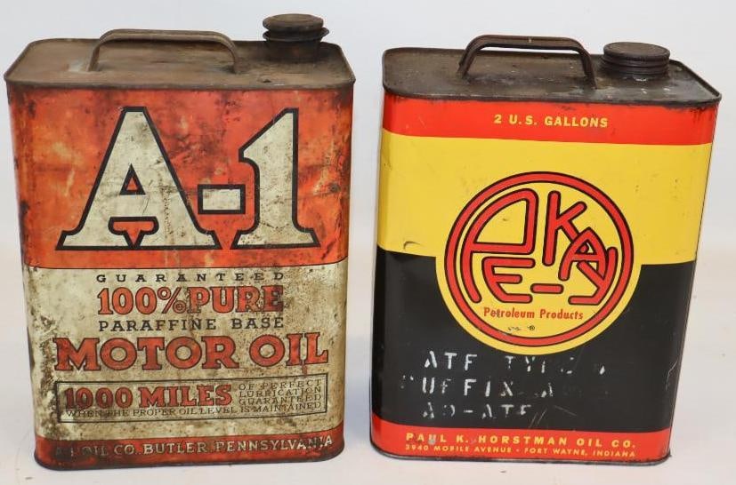 Group of 2 A-1 & Pe-kay 2 Gallon Motor oil Cans: 8.5" x 5.5" x 11" each