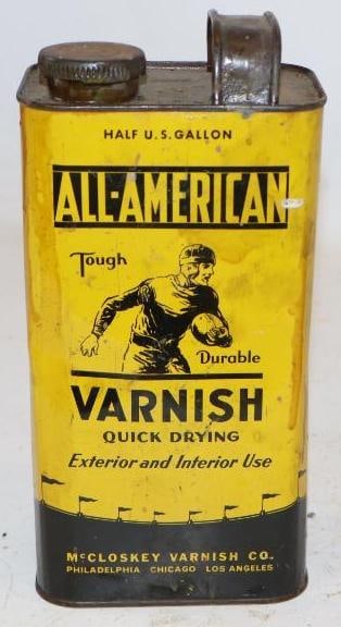 All American Durable Varnish Advertising Can with Football Player: 64 oz