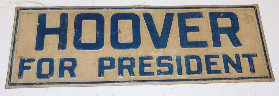 Embossed "Hoover for President" Advertising Metal Sign: 12" x 4.25"