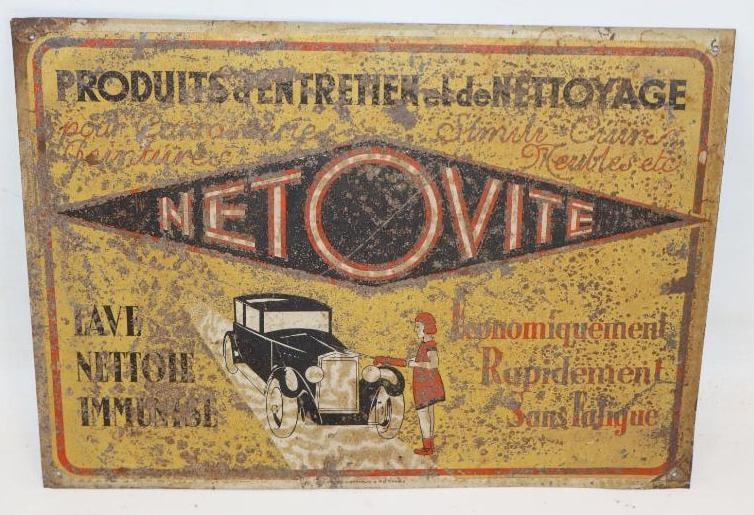 Netovite Single sided Painted Metal Advertising Sign with Early Car Graphic: 13.75" x 10" paint is chipping, sign is marked Paris
