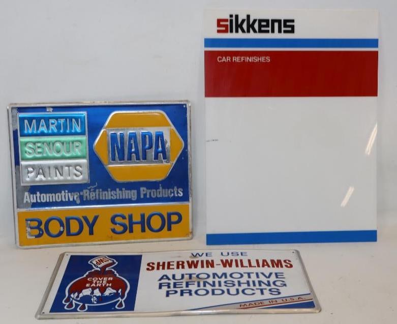 Group of 3 Napa, Sherwin Williams, and Sikkens Car Refinishing Products Advertising Signs: Sikkens is plastic, other two are embossed metal. Largest is 18" x 24"