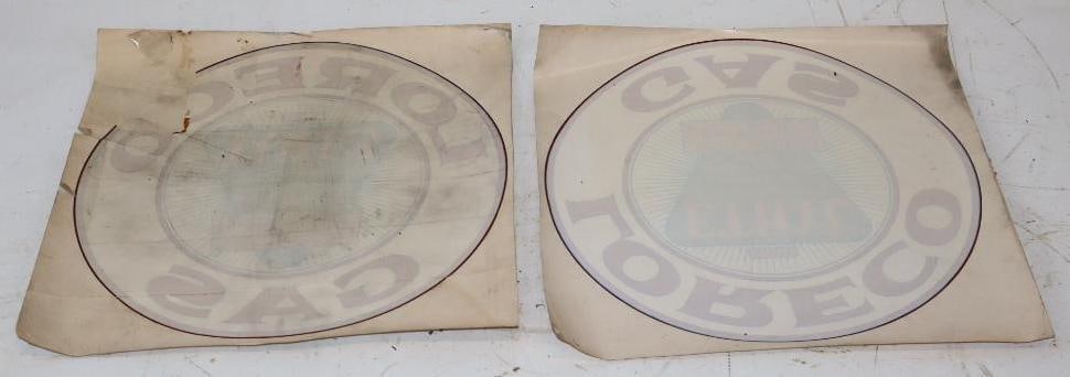 Group of 2 Loreco Ethyl Gas Pump Sticker Decals: One sticker is ripped and missing portion. 10" x 10" each