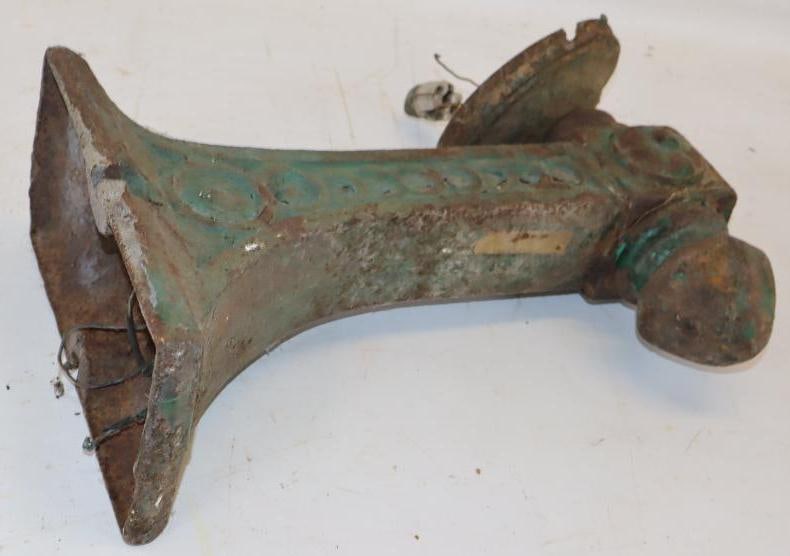 Cast Iron Ornate Gas Pump Globe Wall Sconce: 18" x 11" x 6" globe mount base is disconnected, weighs 30 lbs