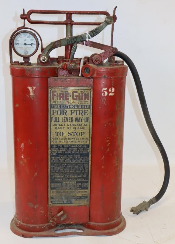 Fire-Gun Number 4 Double Cylinder Brass Fire Extinguisher: 11" x 5" x 21"