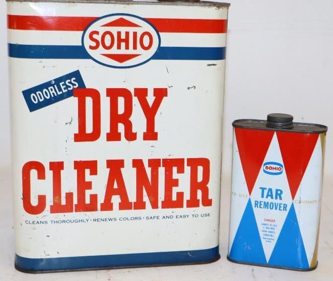 Group of 2 Sohio Dry Cleaner and Tar Remover Advertising Cans: Empty. Largest is 2 Gallons