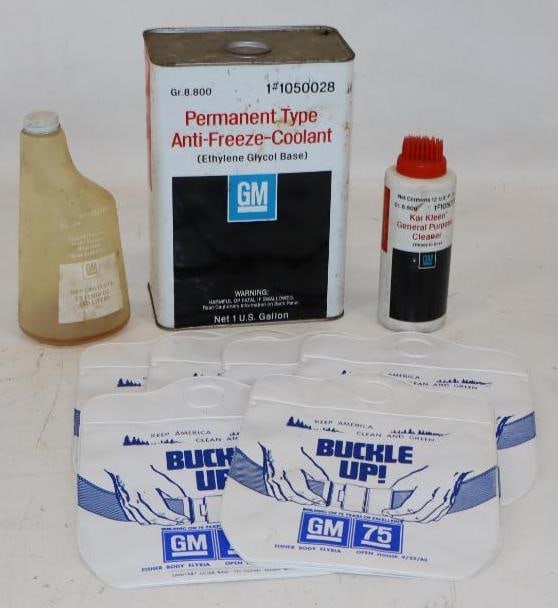 Group of 10 GM Antifreeze, Gear Lubricant, Kar Kleen Cans, and Reusable Rubbish Bags: Largest is 1 gallon