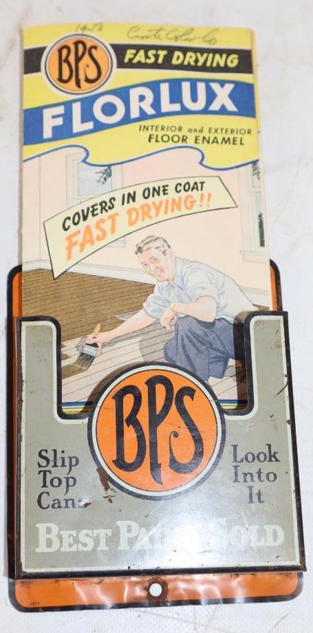 BPS Fast Drawing Florlux Enamel Tin Litho Advertising Pamphlet Holder: 4.5" x 1.5" x 5.5"