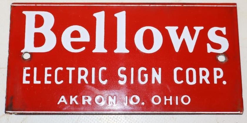 Bellows Electric Sign Corp Akron Ohio Single Sided Porcelain Advertising Sign: 6" x 3"