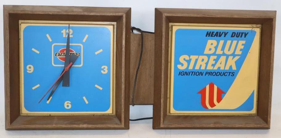 Heavy Duty Blue Streak Ignition Parts Light Up Advertising Clock: Lights up and clock works. 34" x 15.5" x 5"