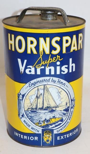 Hornspar Super Varnish 1 Gallon Oil Can with Ship Graphics: empty, has a few dents