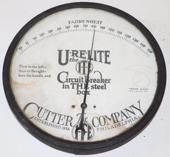 U-Re-Lite The Cutter Company Advertising Thermometer: Advertisement shows some staining. 9" x 9" x 1.5"
