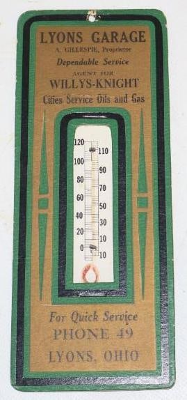 Willys-Knight Lyons Garage Cities Service Station Advertising Cardboard Thermometer: 3" x 7.75", missing thermometer tube