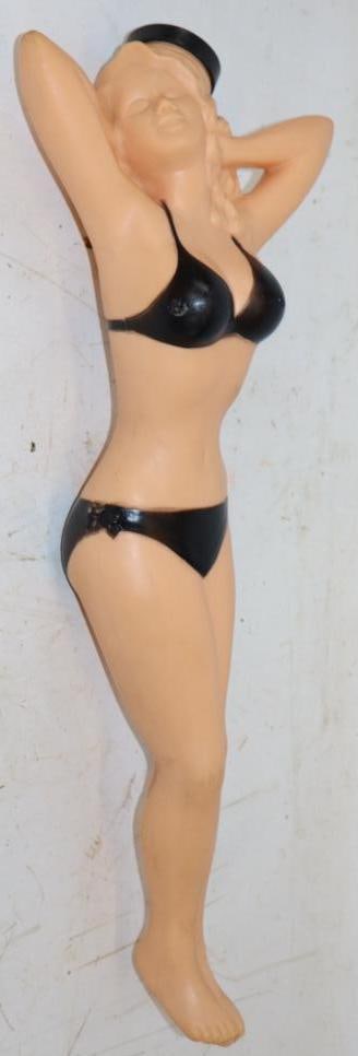 1957 Poynter Jayne Mansfield Shaped Hot Water Bottle: Lid is broken. 7.5" x 21" x 3"