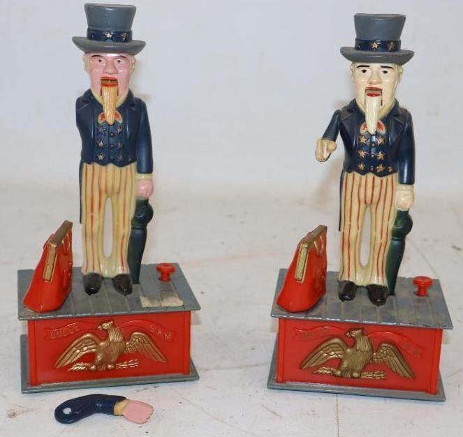 Group of 2 Plastic Uncle Sam Mechanical Banks: One is faded, the other has a broken arm. Largest is 4.25" x 3.25" x 8.75"