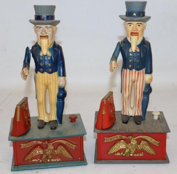 Group of 2 Plastic Uncle Sam Mechanical Banks: One is faded and has a broken arm. Largest is 4.25" x 3.25" x 8.75"