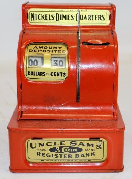 Uncle Sam's Red 3 Coin Register Bank: 4.5" x 5" x 6"