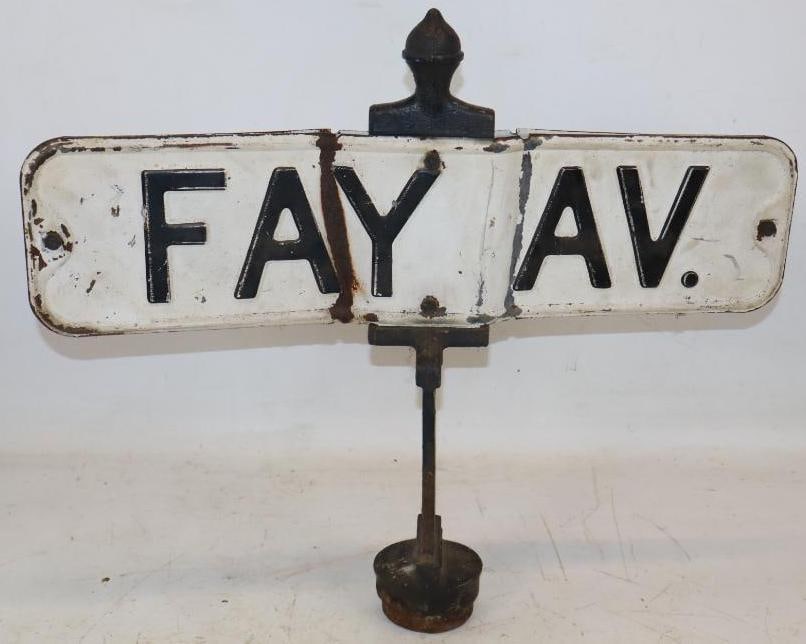 Group of 2 Fay Av. Stamped Steel Street Signs Mounted on Cast Iron Post Base (1 of 3)